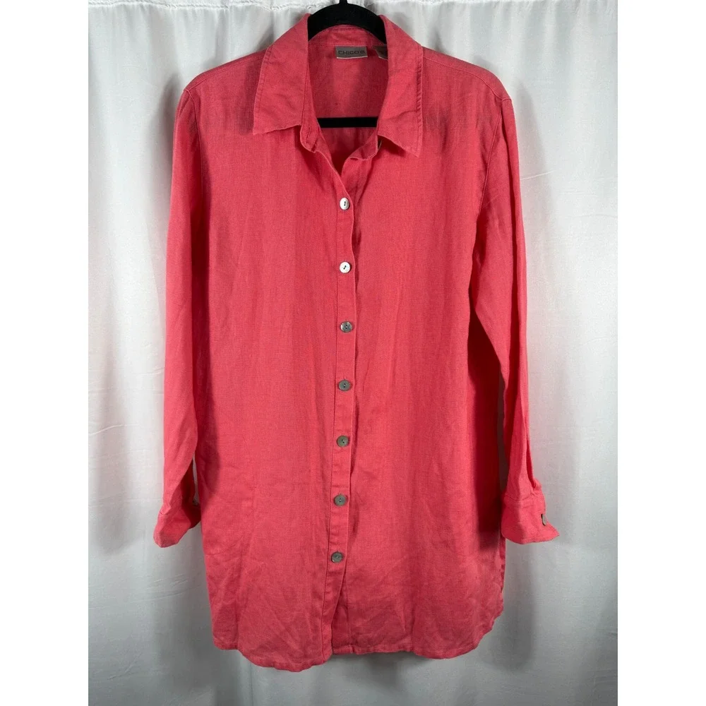 Chicos Coral Pink 100% Linen Long Sleeve Button Down Tunic‎ Top Size 1 M Medium